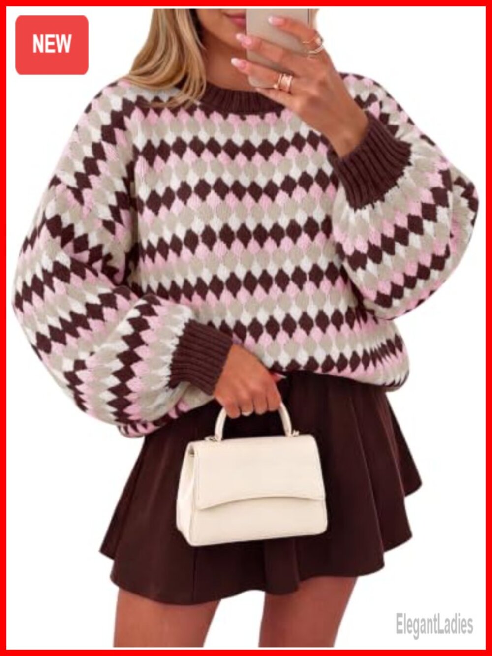 Womens Striped Chunky Knit Lantern Sleeve Loose Pullover Sweater